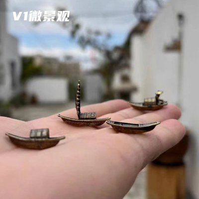 小帆船木舟缩微铜器迷你造景摆件