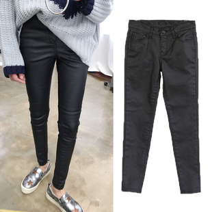 女显瘦外穿九分裤 黑色高腰小脚裤 哑光皮裤 秋冬加绒涂层牛仔裤