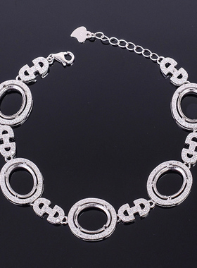 18k纯银椭圆形镶嵌戒面白金手链