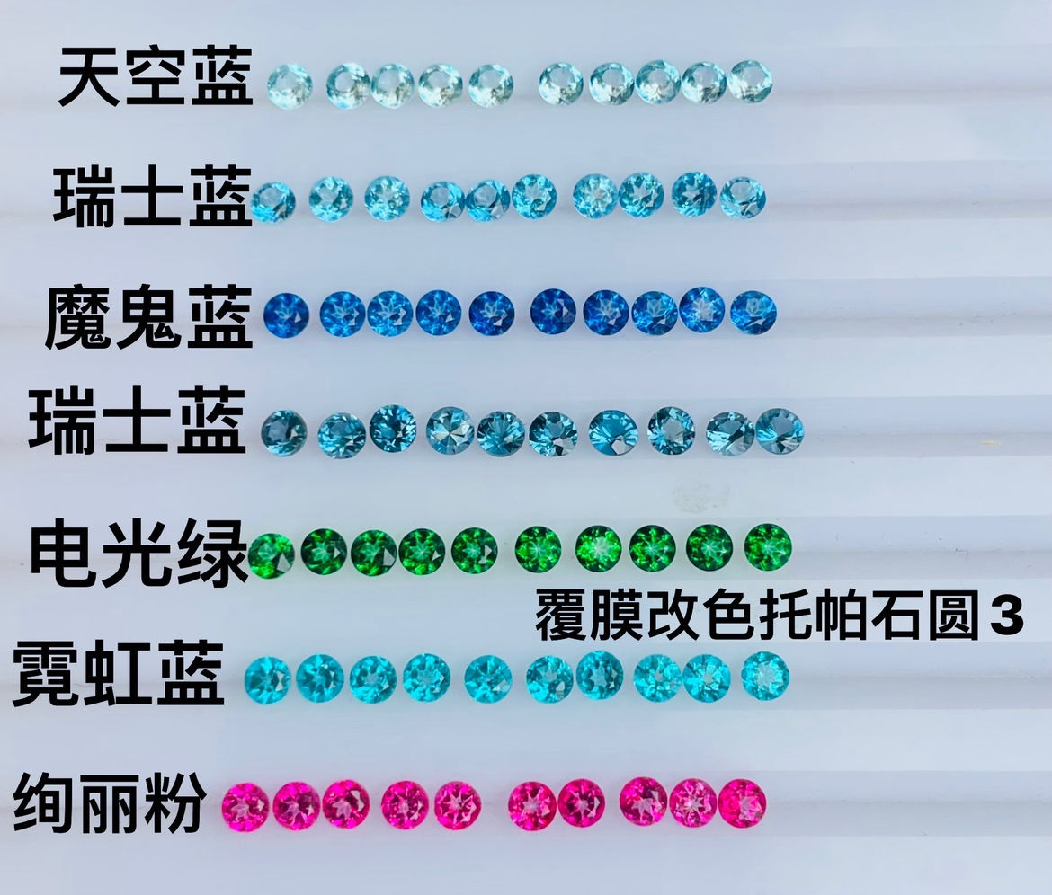 天然彩色托帕石覆膜改色裸石戒面圆形钻石切割3MM镶嵌配石空托戒