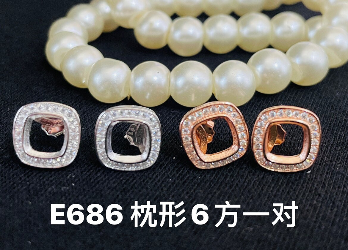 DIY配件S925纯银锆钻款耳钉空托枕方6MM宝石裸石戒面半成品镶嵌