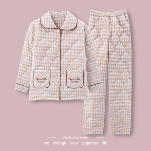 浪莎纯棉睡衣女冬季三层加厚夹棉袄大码保暖开衫可外穿家居服套装