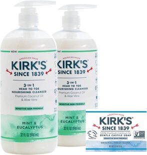 3-in-1 Castile Liquid Soap by Kirk’s + Travel Size Bar Soap