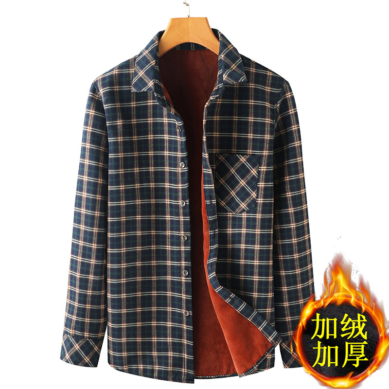 冬季爸爸装宽松保暖衬衫男中年加绒加厚格子上衣中老年人爷爷衬衣