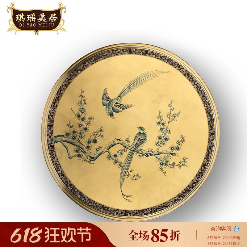 新中式手绘挂画木版画圆形客厅玄关装饰画别墅过道梅花喜鹊挂画图片