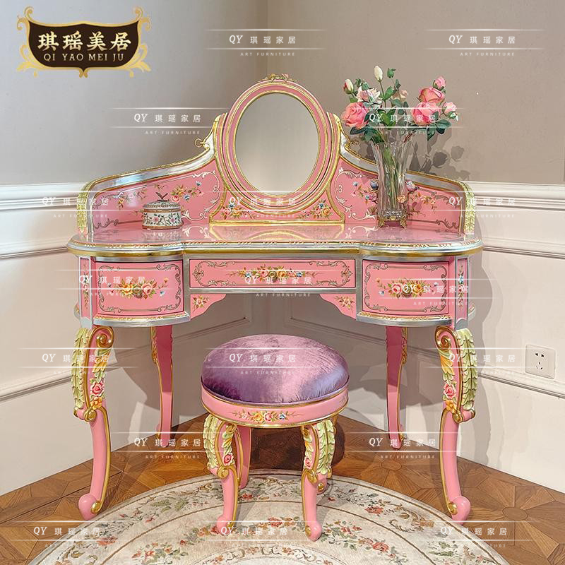 法式艺术手绘实木卧室床尾梳妆台欧式古典奢华公主房带镜子画妆桌