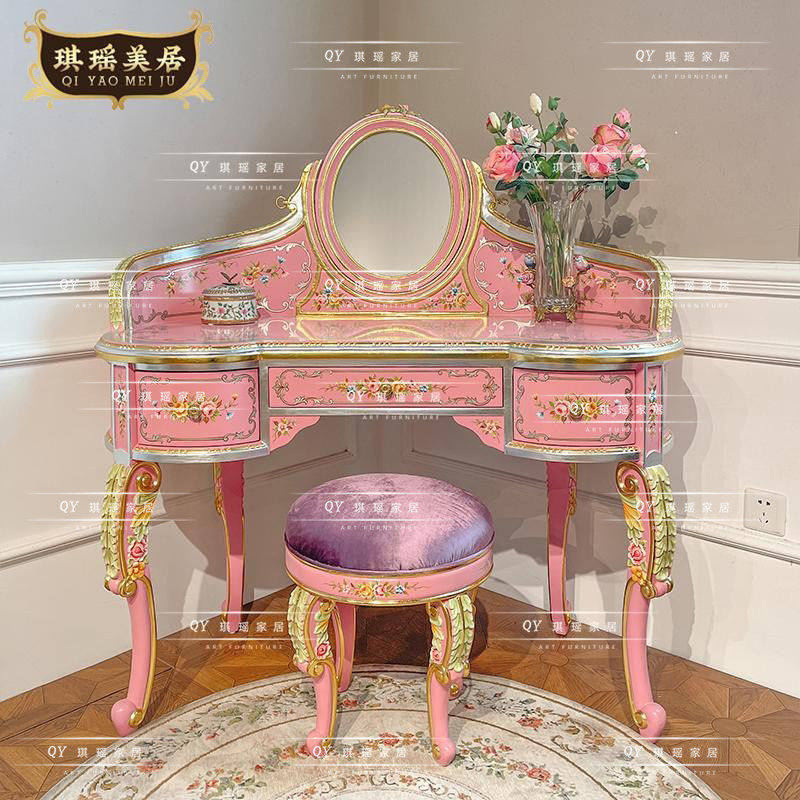 法式艺术手绘实木卧室床尾梳妆台欧式古典奢华公主房带镜子画妆桌