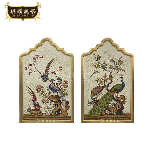 欧式古典手绘孔雀花鸟木板画实木边框法式别墅客厅卧室装饰挂画