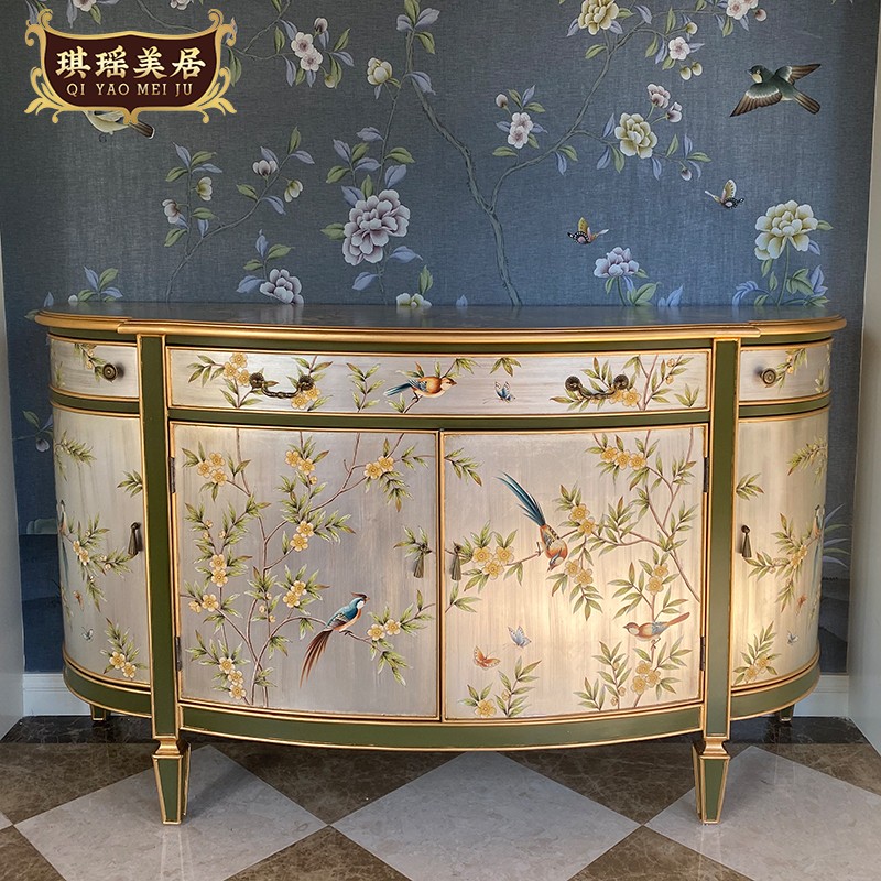 欧式奢华复古手绘花鸟玄关柜法式古典门厅装饰柜储物柜实木餐边柜