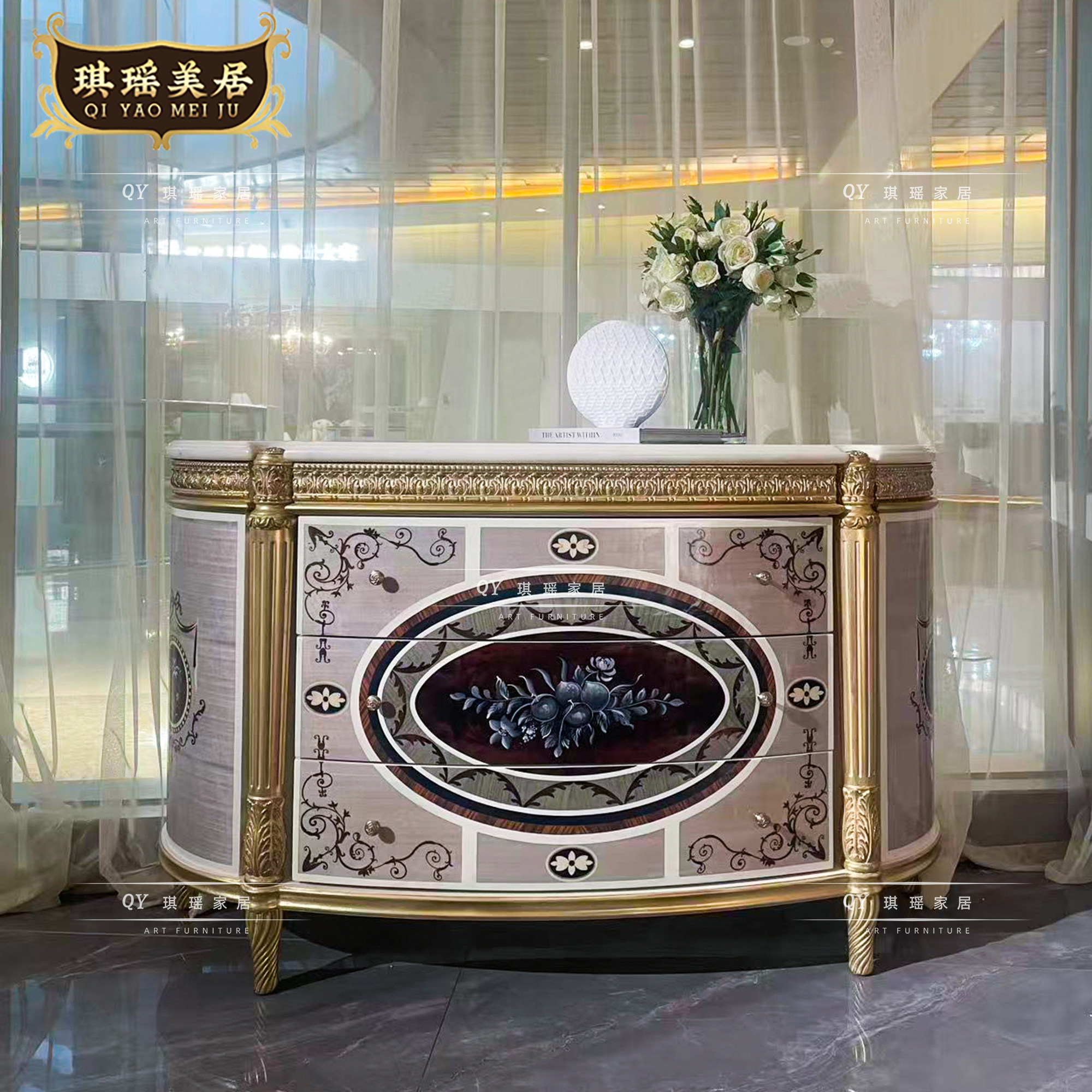 琪瑶家居欧式古典木皮拼花玄关柜实木雕花门厅柜入户装饰柜储物柜