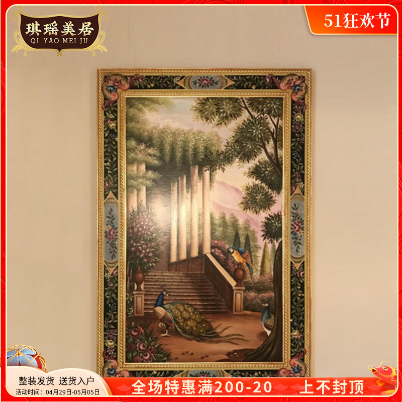 欧式奢华金箔手绘孔雀木版画法式玄关装饰画别墅走廊竖版挂画图片