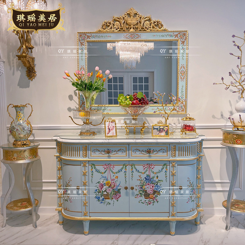 法式宫廷装饰柜餐边柜欧式别墅门厅手绘花卉艺术玄关柜储物柜