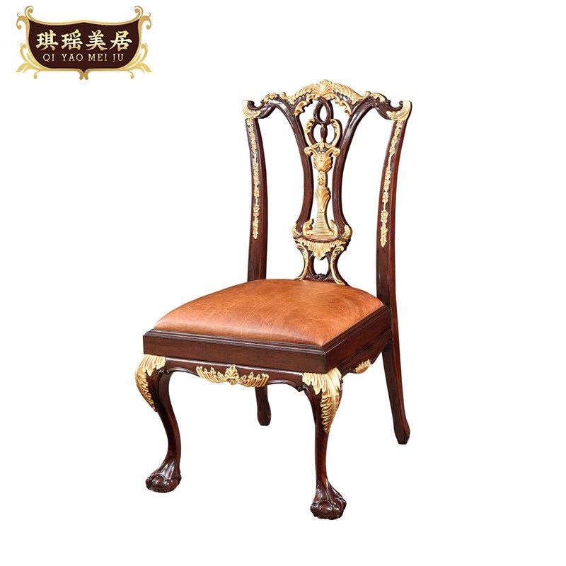 英式古典桃花心实木餐椅雕花靠背椅欧式真皮软包休闲椅单人咖啡椅