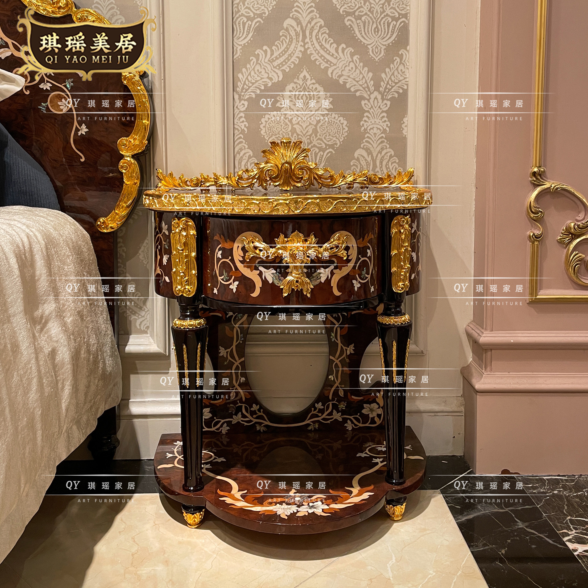 琪瑶家居欧式奢华艺术彩绘床头柜法式别墅卧室储物柜古典床边柜