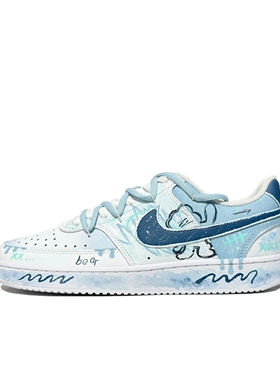 蜂鸟定制球鞋 Nike Court Vision 1 心动小熊 板鞋防滑耐磨 蓝色