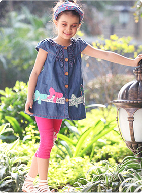童装女童裙装裙子夏装迷你品蝴蝶结纯棉女童连衣牛仔裙08162