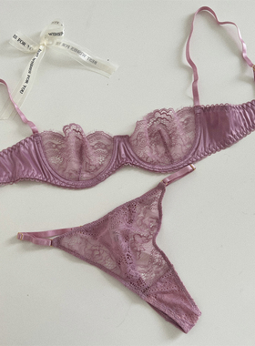 法式大胸内衣性感蕾丝调整聚拢镂空有钢圈纯欲文胸套装紫色迷人