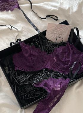 紫色的浪漫性感聚拢薄款蕾丝纯欲风罩杯蕾丝性感上托透气内衣套装