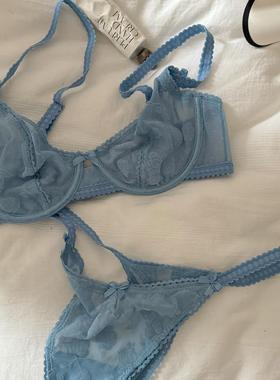 蓝色花朵法式纯欲刺绣气质内衣法式小众氛围感刺绣蕾丝薄款法式