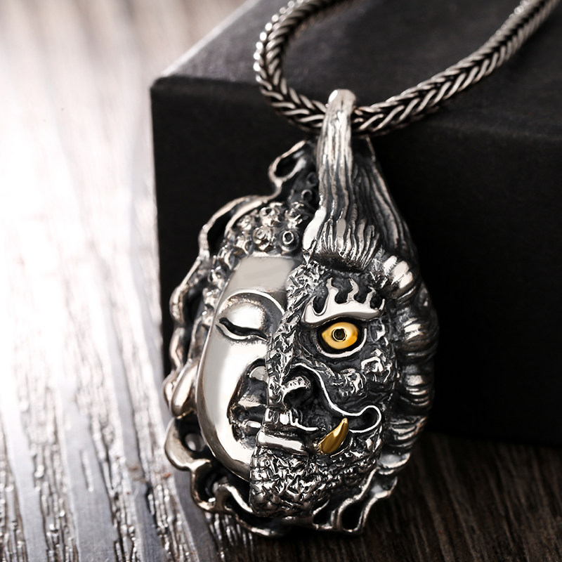 镂心银饰佛魔一念之间吊坠男士纯银项链霸气个性时尚复古泰银潮人