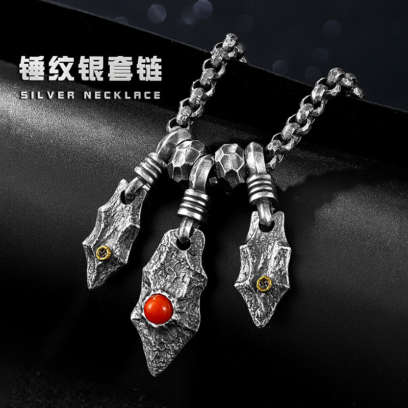 原创个性石器纯银项链男士锤纹环套环南红复古套链嘻哈单链女百搭