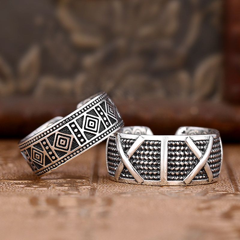 镂心银饰民族复古戒指纯银男士张启山泰银戒指925银潮人男女个性