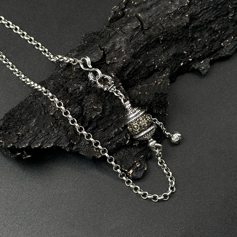 藏式s925银转动筒o字链纯银男士高级感百搭复古项链吊坠女新款