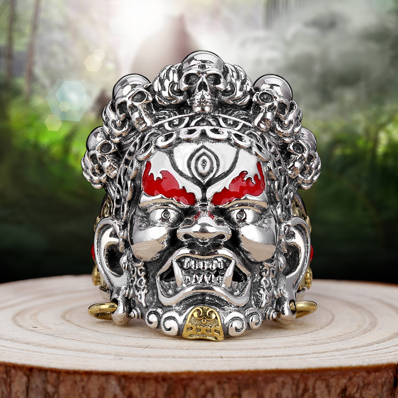 国潮民族黄财神银饰黑财神男士霸气戒指纯银大黑天复古925银开口