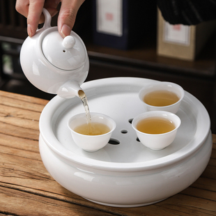 家用纯白功夫陶瓷茶具套装带盖碗茶壶圆形茶船储水茶盘组合