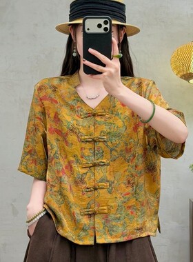新中式风印花盘扣上衣女短袖V领宽松黄色复古中国风衬衣夏季T恤衫