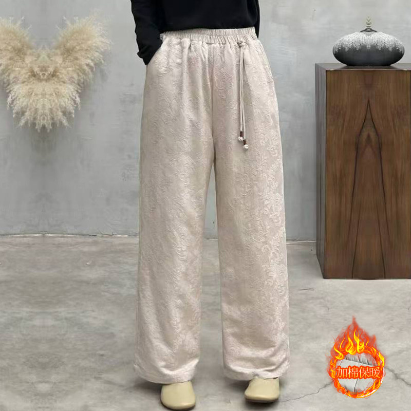 新中式加棉加厚保暖提花棉麻阔腿裤女宽松垂感显瘦直筒休闲裤棉裤,女装/女士精品,休闲裤,淘宝优惠券,粉丝福利购,淘宝优惠卷