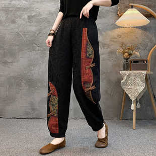 子 阔腿哈伦休闲裤 民族风拼接盘扣显瘦松紧腰棉麻灯笼裤 女印花大码