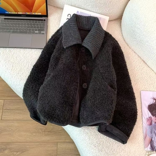 正品翻领短款小外套女仿羊羔毛黑色皮毛一体冬季加厚夹克毛茸2026