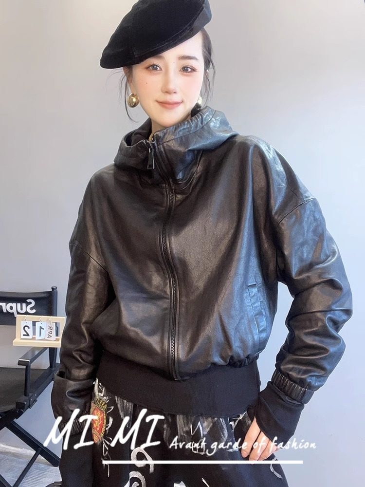 【现货】纯绵羊皮上衣长袖连帽纯色皮衣外套女2024秋季新款欧洲站