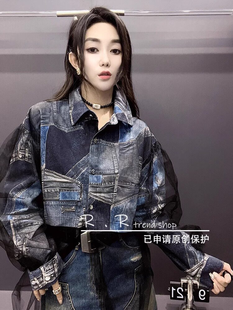 撞色拼接网纱袖单排扣上衣