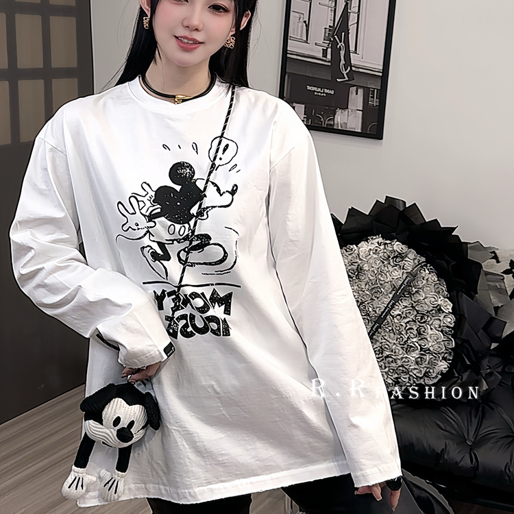 长袖T恤女2025冬季新款欧洲站卡通动漫字母印花打底衫圆领上衣