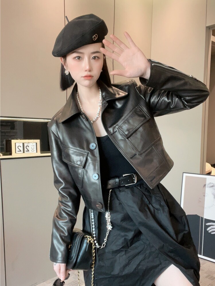 修身短款大口袋皮衣外套女