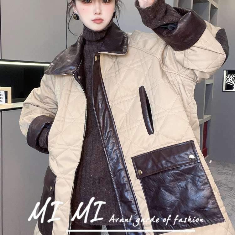 【现货】绵羊皮拼接大口袋侧开叉长袖开衫菱格拼皮棉服外套女