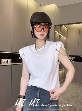 RR fshion 2024春季新款欧货T恤女潮流设计感小众纯色拉链上衣