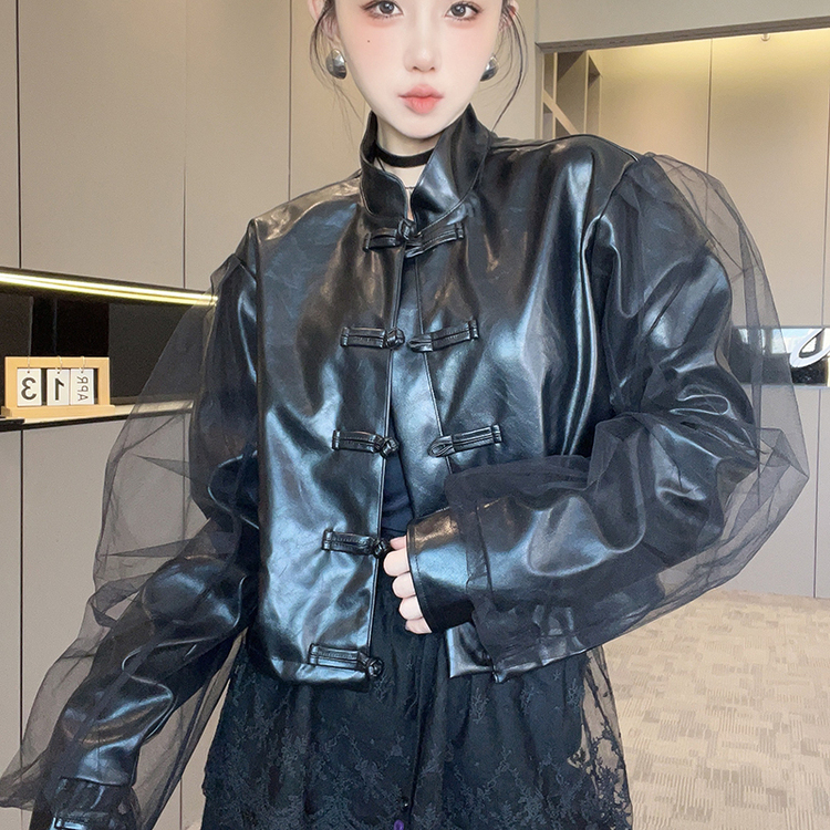 蛋白皮皮衣女2025秋季新款国风纯色网纱拼接长袖外套盘扣立领上衣