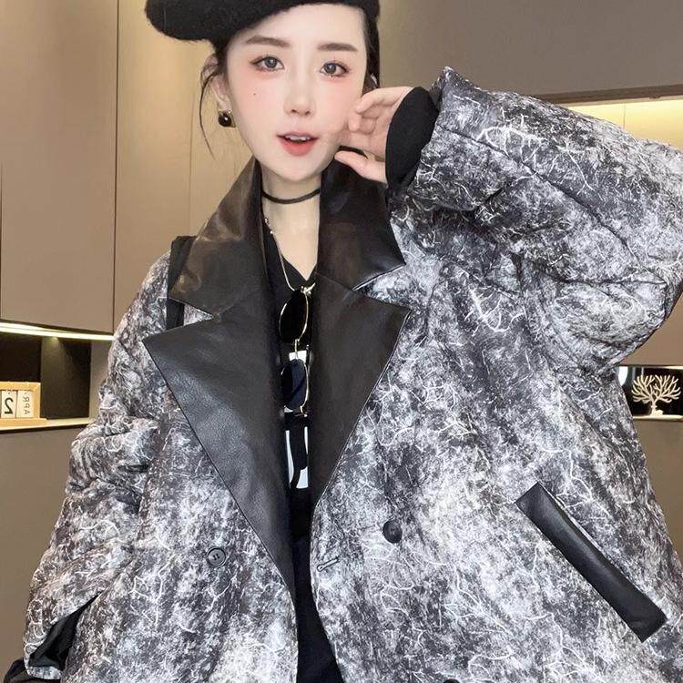 【现货】拼皮鹅绒羽绒服女2024冬季新款晕染西装领外套长袖上衣