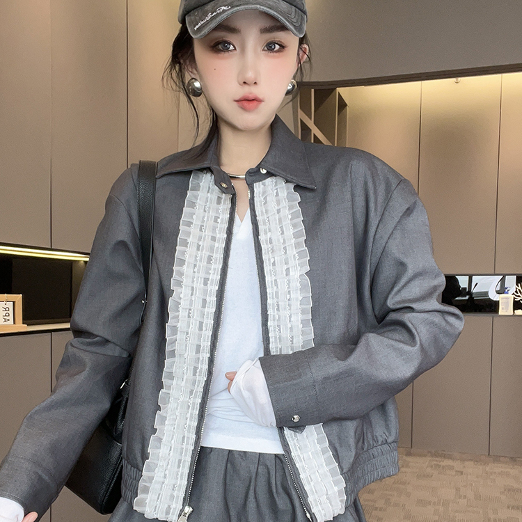 长袖外套女2025秋季新款欧洲站设计感拼接网纱花边翻领拉链上衣