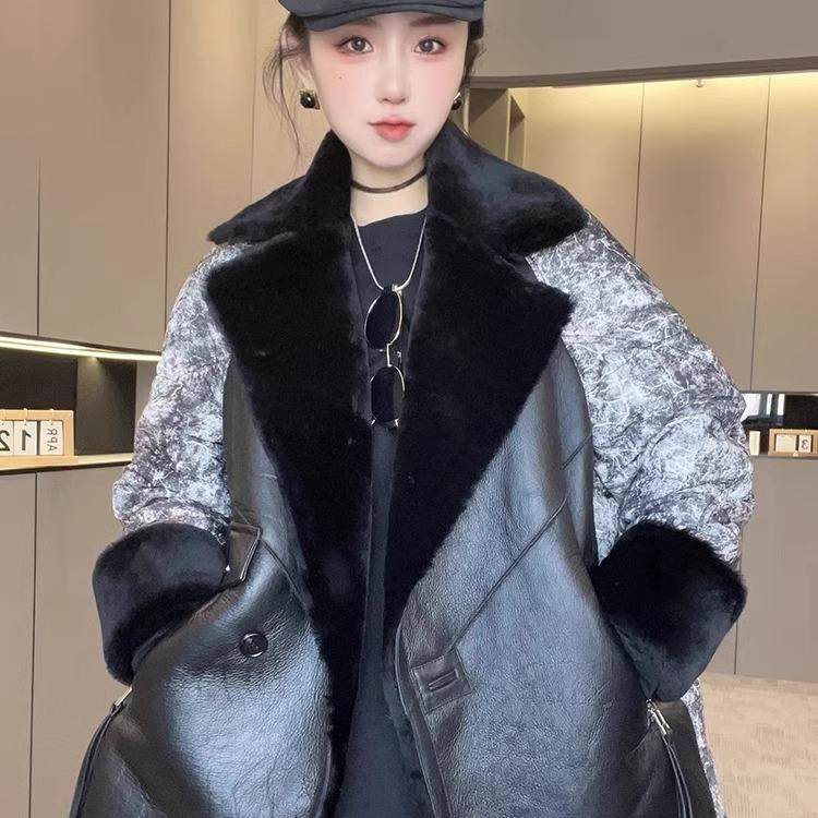 【现货】皮毛一体拼接羽绒服女2026秋冬新款撞色晕染宽松保暖外套