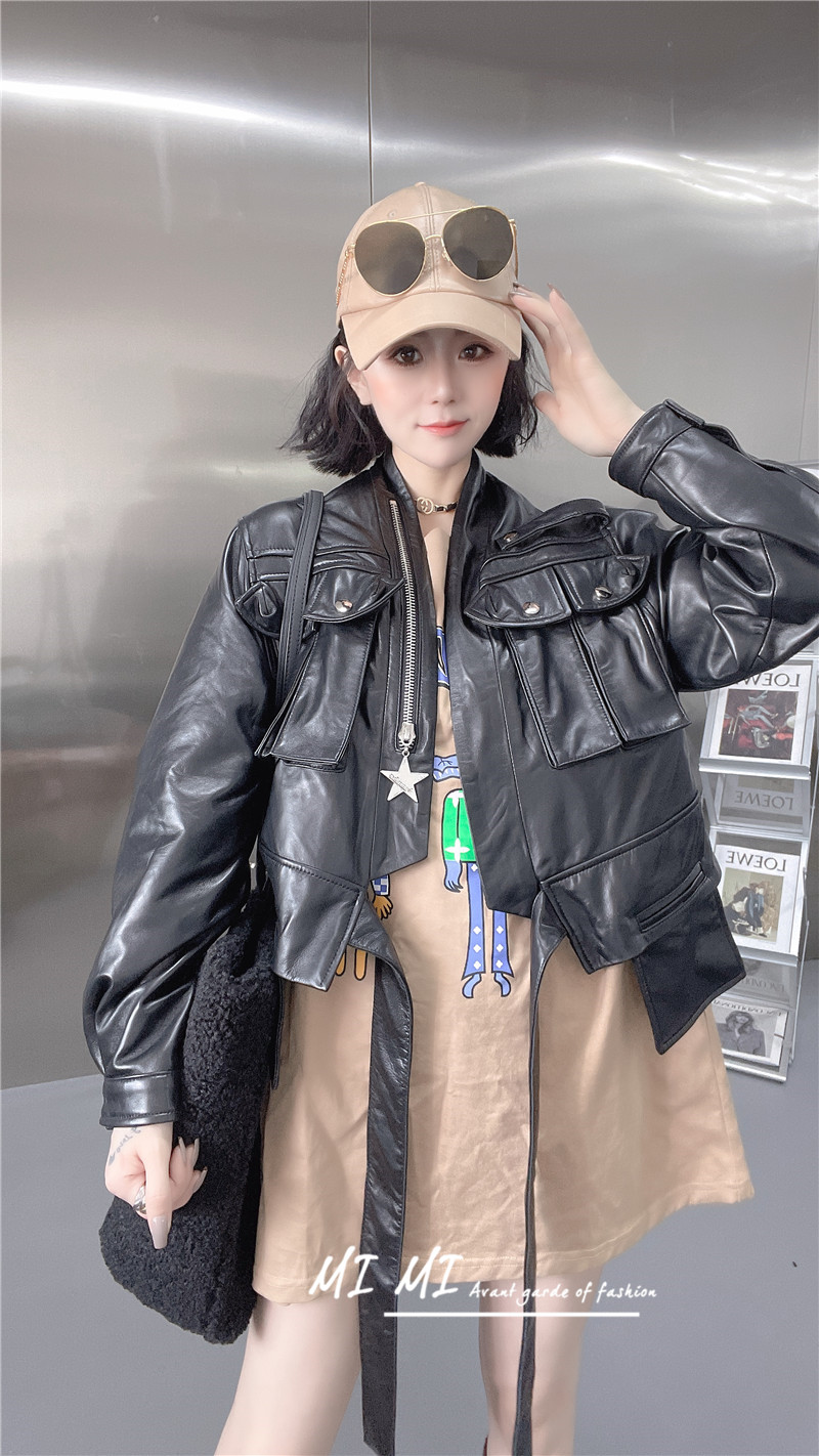 欧洲秋季新款真皮拉链羊皮