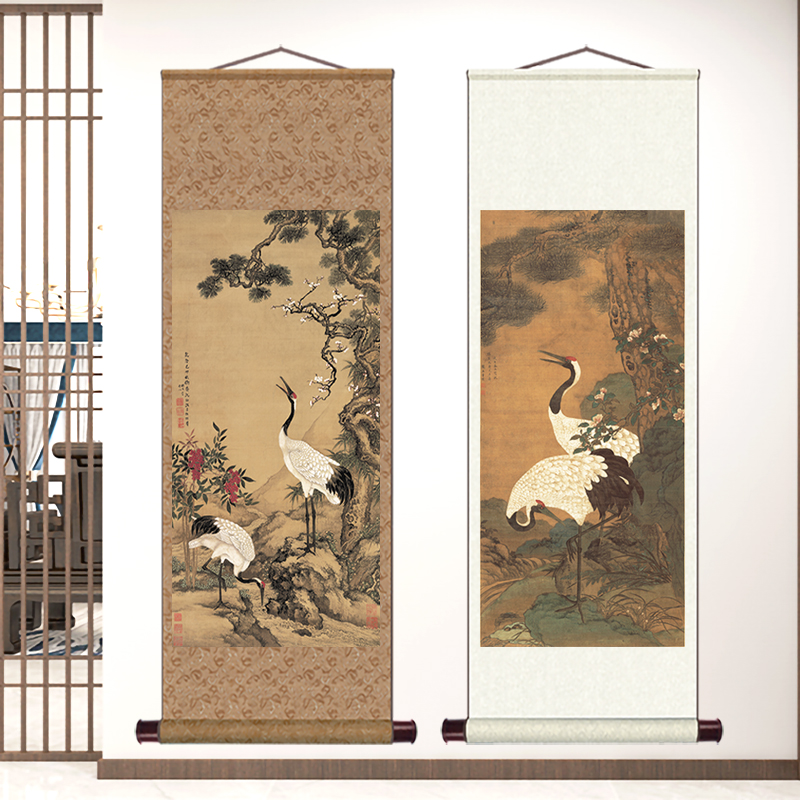 仿古字画卷轴画仙鹤寿桃图国画新中式挂画书房玄关茶楼古风装饰画