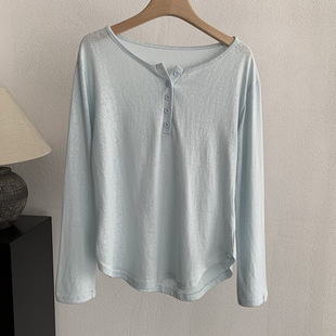 欧玛莱 圆领小纽扣纯色长袖内搭打底衫T恤女 春季休闲上衣6436