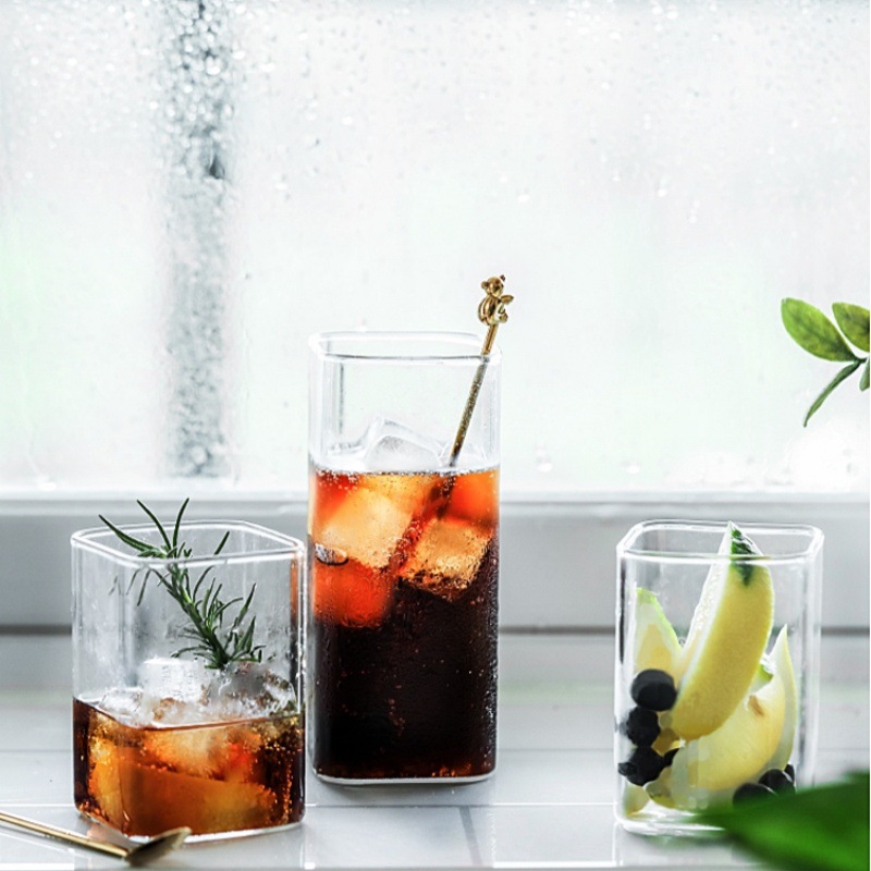 创意方形玻璃调酒杯莫吉托饮品杯简约耐热家用透明牛奶果汁咖啡杯