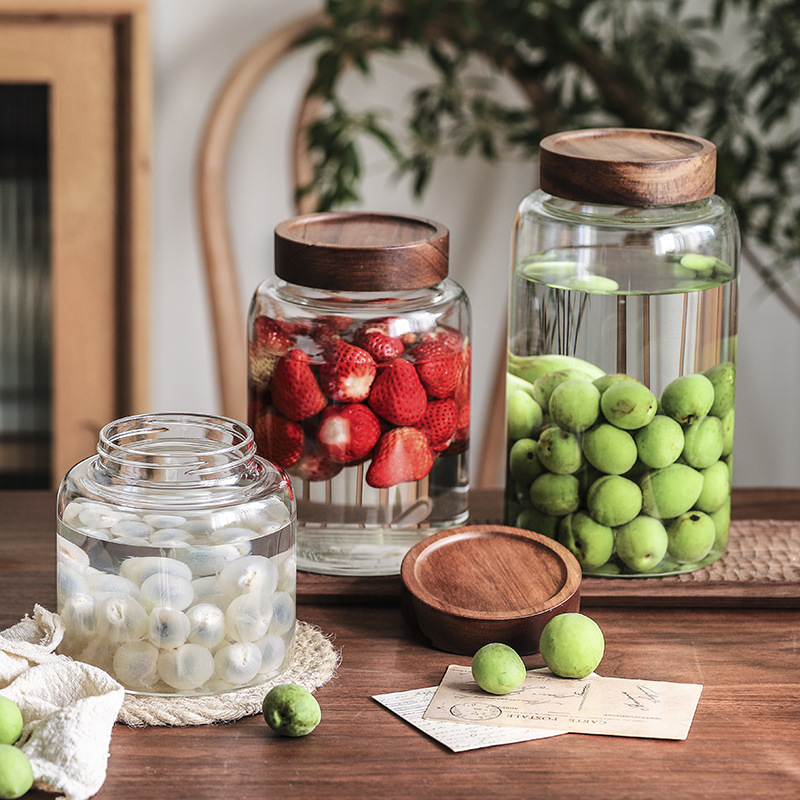 大容量多规格螺纹玻璃密封罐木盖青梅葡萄泡酒瓶陈皮杂粮储物罐