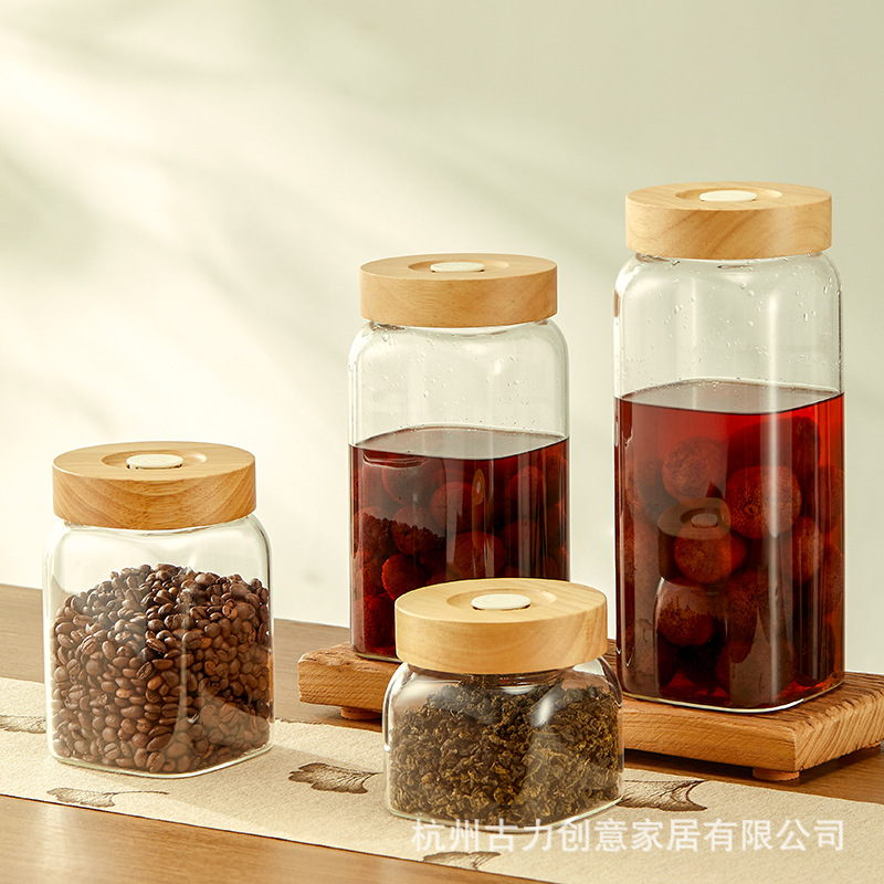 自动排气方形螺纹相思木盖泡酒瓶高硼硅玻璃罐储物罐密封玻璃罐