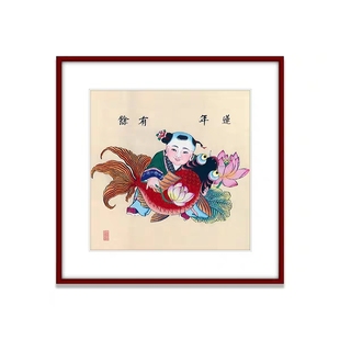 连年有余竖实木画框线稿杨柳青木版年画娃娃非遗宣纸手绘装饰挂画